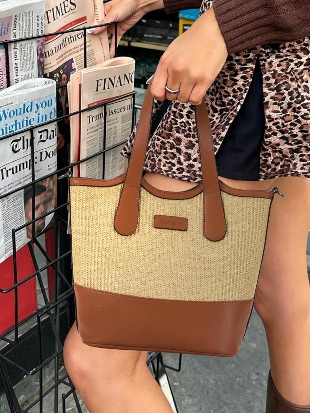 Tote Bag for Women,Straw&Vegan Leather Bucket Bags Crossbody Top Handle Purses A - Picture 2 of 9